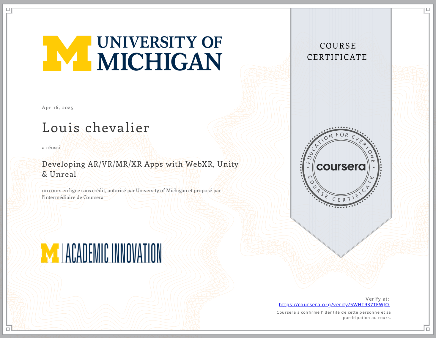 Certificat XR Michigan